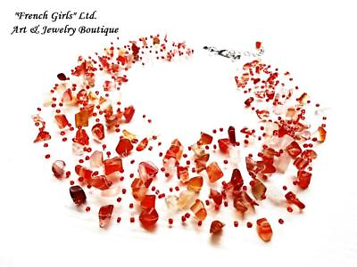#ad Red Raw Carnelian Gemstone Crochet Statement Air Necklace $40.00
