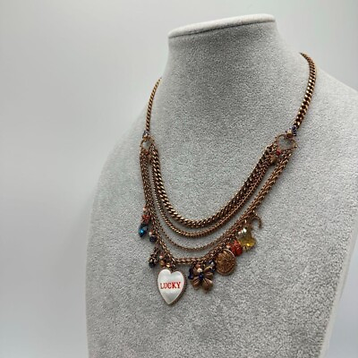 #ad Genuine SATELLITE Stone Necklace Bronze Heart 5 Rows Vintage Japan 1212 12 $240.00