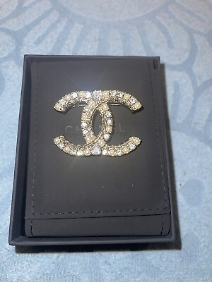 #ad CHANEL Authentic Medium Crystal amp; Pearl CC Logo Brooch Pin Gold Tone with Box $480.00