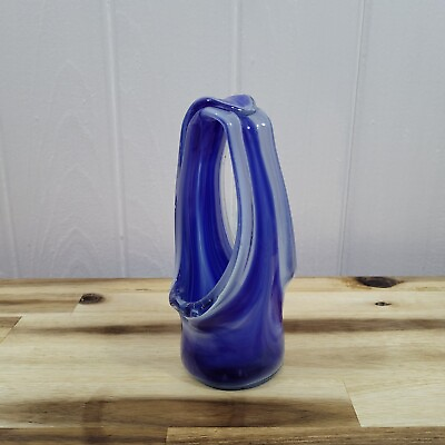 #ad Hand Blown Glass Sculpture Basket Shaped Swirl Glass Art Rich Kobalt Blu Marbled $49.95