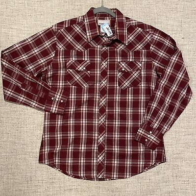 #ad WRANGLER Wrancher Long Sleeve Pearl Snap Shirt Large Red Plaid Dual Pockets $9.50