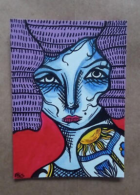 #ad ESS22 ACEO Paper Bag Sale emotive girl art ink amp; acrylic painting on paper ESS22 $13.99