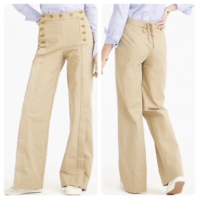 #ad J. Crew Sailor Chino Khaki Button Front Wide Leg Pants Lace Up Back Size 12 $75.00