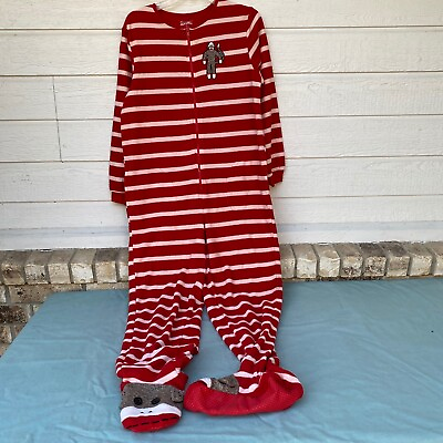 #ad Sock Monkey Adult Footed Pajamas Red White Fleece Nick amp; Nora Small One Piece $21.53