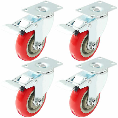 #ad #ad 4 Pack 4quot; Caster Wheels Swivel Plate Total Lock Brake Red Polyurethane PU $23.99