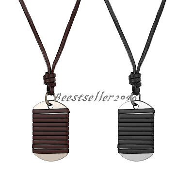 #ad Men Military Dog Tag Dual Leather Strap Wrapped Pendant Cord Necklace Adjustable $8.99