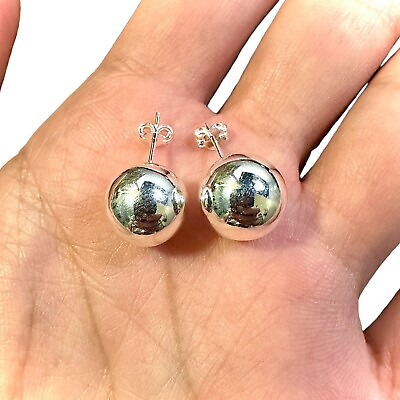 #ad 925 Sterling Silver Round Ball Stud Earrings 12MM Free Shipping $17.97