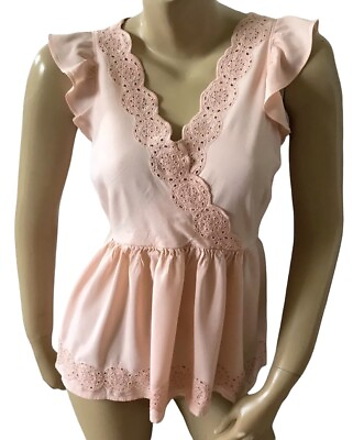 #ad ANN TAYLOR LOFT Womens Size 2 Cap Sleeve Pink Crochet Trim Empire Waist Shirt $15.18