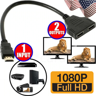 #ad HDMI Port Male to Female 1 Input 2 Output Splitter Cable Adapter Converter 1080P $2.49