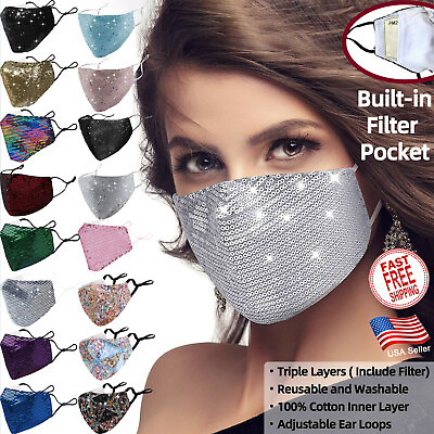 #ad Triple Layer Face mask with FILTER Sequin Sparkle Glitter Bling Fashion Party $5.99