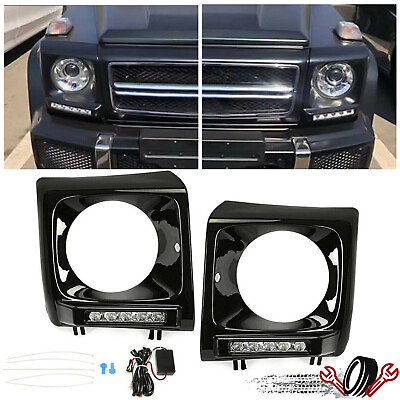 #ad AFTERMARKET BLACK HEADLIGHT COVER BEZEL LED DRL FIT ALL 90 18 G CLASS W463 G63 $69.60