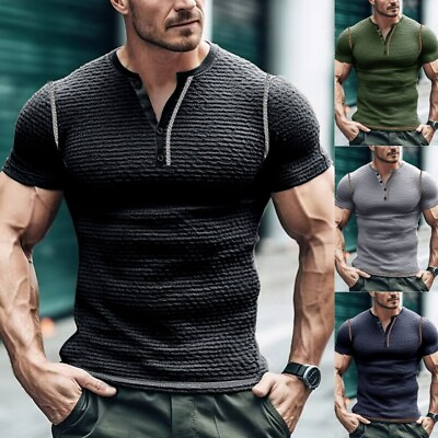 #ad Mens Slim Fit Muscle Henley Tops Ribbed T Shirt Sports Gym Shirts Blouse Size 46 $23.69
