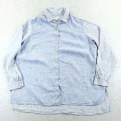#ad J Jill Shirt Womens 1X Plus Blue Striped Button Front Love Linen Long Sleeve $19.68