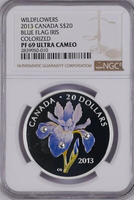 #ad 2013 Canada 1oz Proof Silver S$20 Blue Flag Iris Swarovski NGC PF69 $20 Coin $300.00
