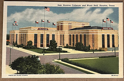 #ad Texas Sam Houston Coliseum Music Hall Flags Vintage Linen Postcard c1940 $6.99