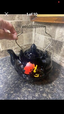 #ad Vintage 1958 Black Terra Cotta Footed Metal Handle Tea Pot Collectors Item $28.74