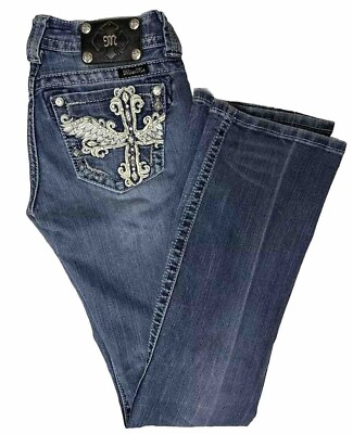 #ad Miss Me Woman 26X33 Boot Bootcut Jeans Stretch Blue Angel Wings Cross $39.00