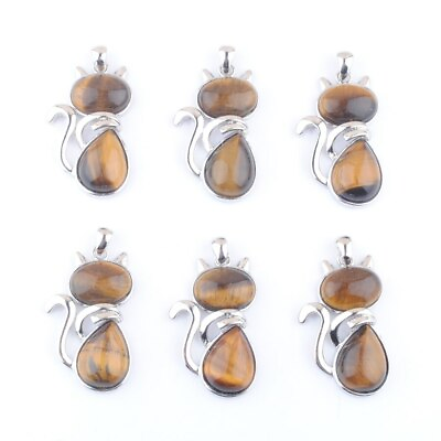 #ad 6pcs lot Natural Tiger Eye Stone Cat Pendants Necklace for Jewelry Making DIY $18.04