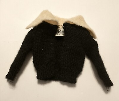 #ad Vintage Barbie Fashion Pak Black Wool Cardigan Sweater with White Angora Collar $15.99