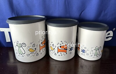 #ad Tupperware Pawsome Pets One Touch Canister 18 12 8 cup Set of 3 Black Seal New $30.00