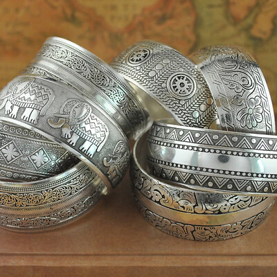 #ad Women Fashion Bracelets Silver Plated Carved Flower Vintage Cuff Tibetan Bangles $17.99