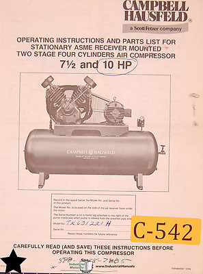 #ad Campbell Hausfeld 7 ½ and 10 HP Air Compressor Operations and Parts Manual 1984 $39.00