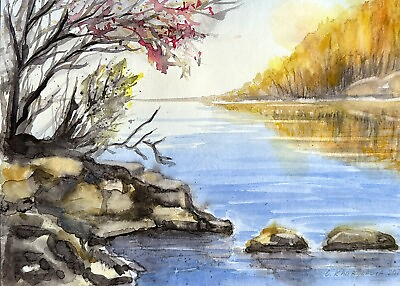 #ad Autumn sunset on the river Original Watercolor PaintingA4 Semi Abstract $44.00