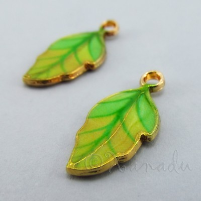 #ad Green Leaf Charms 22mm Gold Plated Enamel Leaves Pendants C5274 2 5 Or 10PCs $1.50