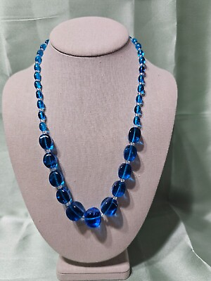 #ad BEAUTIFUL VINTAGE BOHEMIAN GLASS BEADED 20quot; NECKLACE SOFT SHIMMERING BLUE $20.00