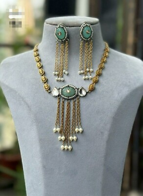 #ad Real Kundan Enameled Necklace Set Bollywood Gold Plated Aqua Handmade Jewelry $87.97