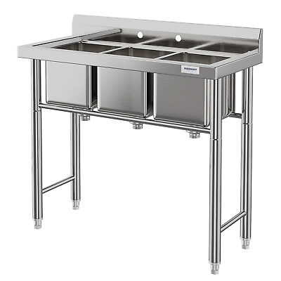 #ad Stainless Steel Commercial Kitchen Utility Sink with 3 Compartment Backsplash $196.72