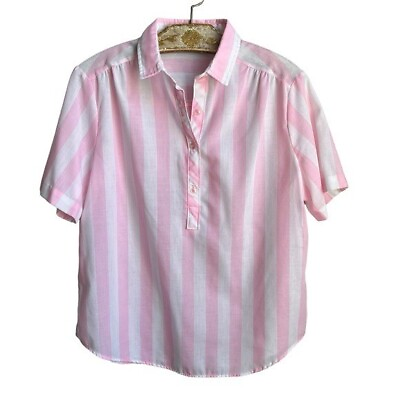#ad Vintage Pink and White Striped Quarter Button Front Shirt Women#x27;s Size L Large $34.99