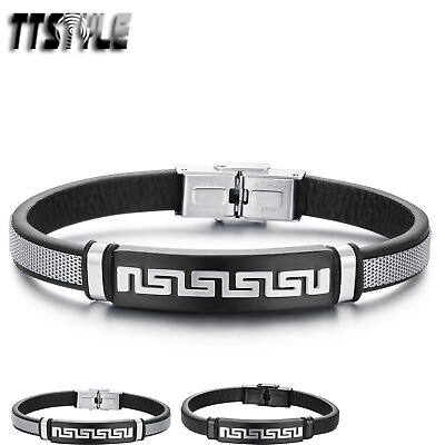 #ad TTstyle Leather 316L Stainless Steel Greek Key Bracelet Silver Black NEW AU $29.99