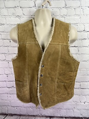 #ad Vintage Vest Mens Large Suede Leather Sherpa Lined Tan Rancher 70s sz L $44.99