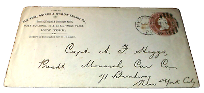 #ad 1886 NEW YORK ONTARIO amp; WESTERN NYOamp;W COMPANY ENVELOPE NEW YORK AGENT $50.00