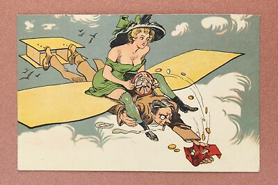 #ad Man as an airplane. Woman air rider Money gold RARE Antique postcard 1906s✈️ $39.00