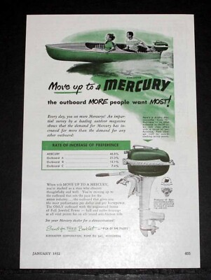 #ad 1952 OLD MAGAZINE PRINT AD KIEKHAEFER MOVE UP TO A MERCURY OUTBOARD MOTOR $12.99