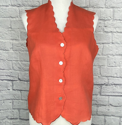 #ad Talbots Blouse Womens 8 Sleeveless Orange Button Front Irish Linen Scalloped Top $14.99
