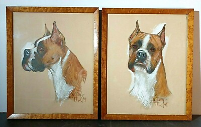 #ad 1949 LISTED AMERICAN LILLIAN TIFFANY Sd ORIG GOUACHE PAIR 2 of BOXERS DOGS $599.99