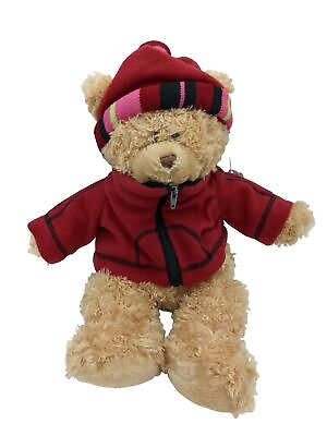 #ad Fashion Bug Tan Bear Plush 18” Red Zip Coat Hat Winter Stuffed Animal Toy $19.99