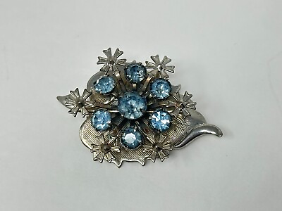 #ad Unique Vintage Silvertone Blue Rhinestone Flower Leaf Brooch Pin $16.00