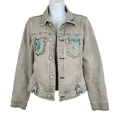 #ad Cabi Jeans Denim Jacket Women S Gray Turquoise Colored Embellish Peace Star Stud $32.00