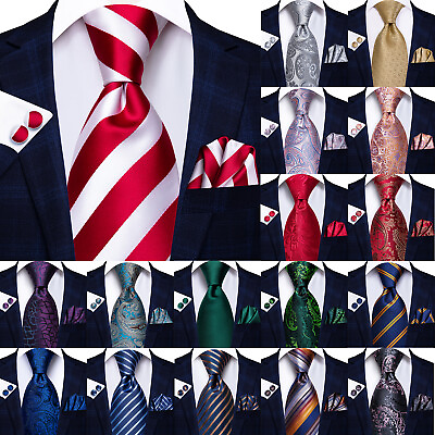 #ad USA Mens ALL Silk Tie Striped Solid Paisley Necktie Hanky Cufflink Set Wedding $10.99
