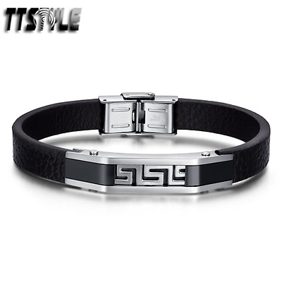 #ad TTstyle Black Leather 316L Stainless Steel Greek Pattern Bracelet Wristband NEW AU $29.99