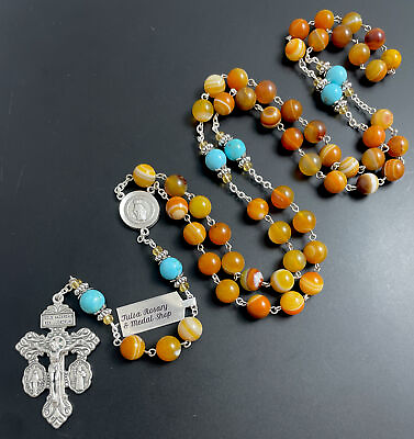 #ad Semi Precious Orange Sunset 10mm Banded Onyx Stone Rosary Pardon Crucifix w Tag $79.99