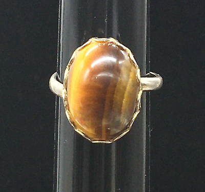 #ad Vintage Tiger Eye Ring Silver Tone Oval Cabachon Ring Sz 6.75 $11.21