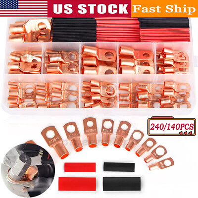 #ad 240Pcs Copper Battery Wire Lugs Ends Cable Eyelets Ring Terminals Connectors Set $14.19