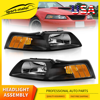 #ad Black Headlights Amber Corner Lamps Fit 1999 2004 Ford Mustang GT SVT Lamp 99 04 $54.99