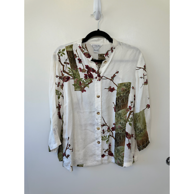 #ad Citron Santa Monica Womens Jacquard Silk Button Down Shirt Floral White Size M $50.00