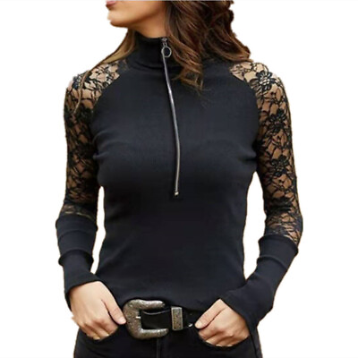 #ad Women Half High Collar Zipper Mesh Lace T Shirts Sim Fit Pullover Blouse Top Tee $17.94